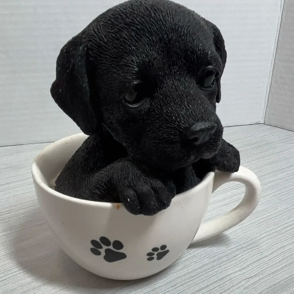 Black Puppy Dog Figurine in Paw Print Teacup Statue 4.5